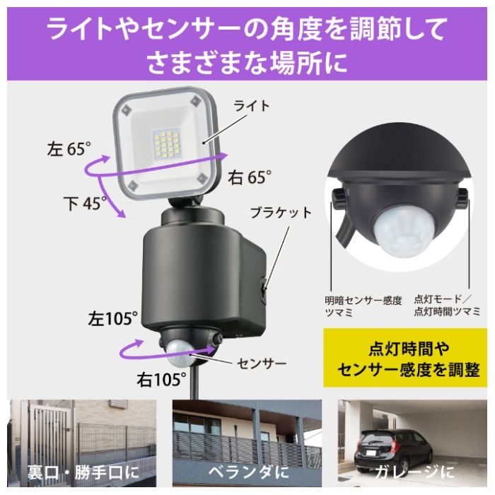 オーム電機 コンセント式防犯センサーライト(1灯) LS-A160W1の説明画像5