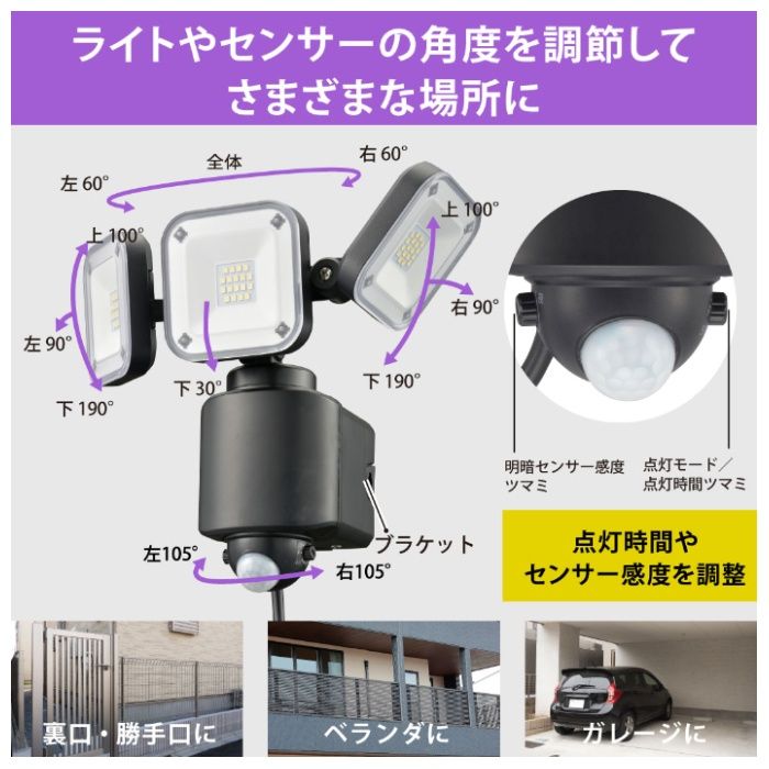 オーム電機 コンセント式防犯センサーライト(3灯) LS-A450W3の説明画像5