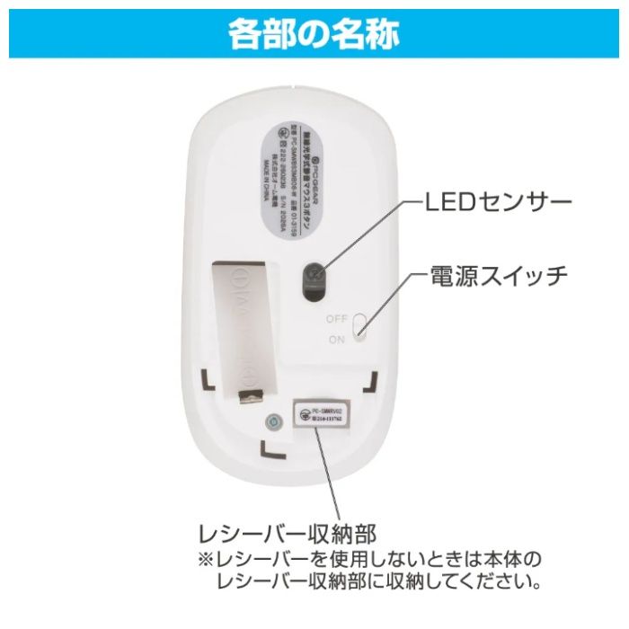 オーム電機 PCGEAR 無線光学式静音マウス Mサイズ ホワイト PC-SMWBS3MB08-Wの説明画像3