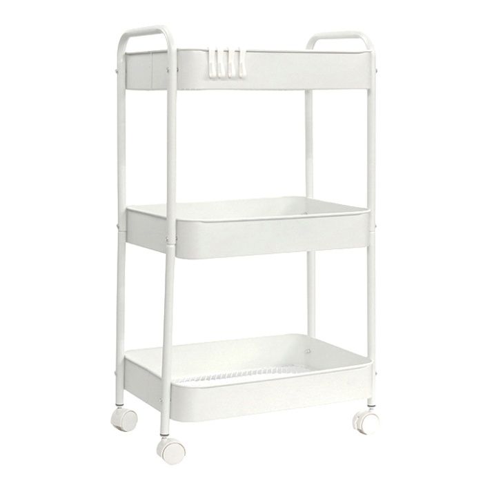 インテリアスチールワゴン 3段 キャスター&フック付き ホワイトの説明画像2