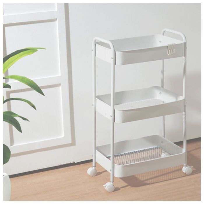 インテリアスチールワゴン 3段 キャスター&フック付き ホワイトの説明画像3