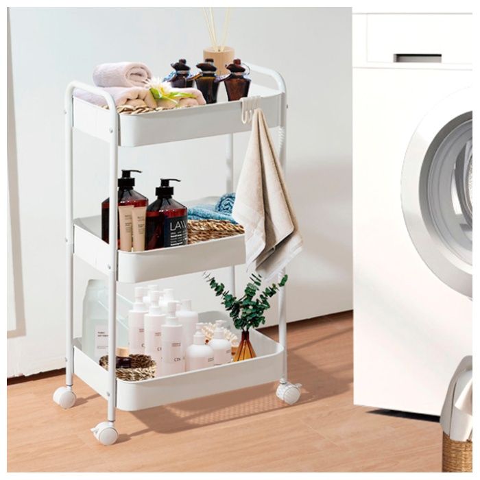 インテリアスチールワゴン 3段 キャスター&フック付き ホワイトの説明画像4