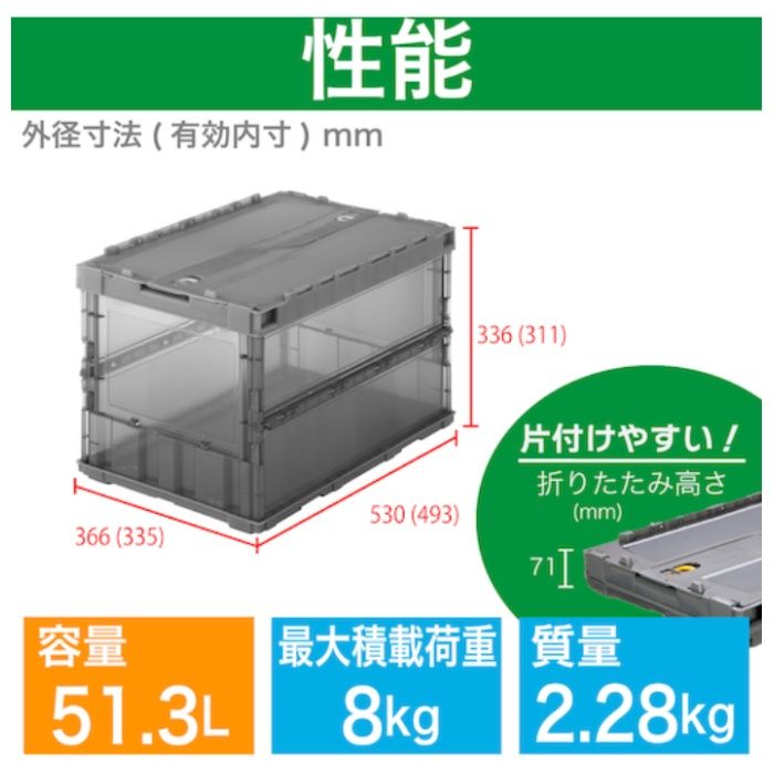 トラスコ TRUSCO　オリコン　薄型折りたたみコンテナ　スケルコン　50L　ロックフタ付　透明ブラック　黒 TSKC50B(BK)の説明画像3