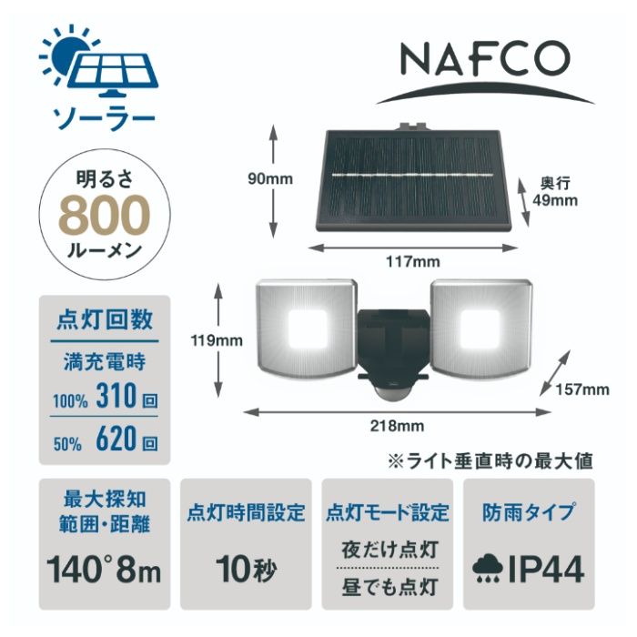 800Lm ソーラー式 2灯センサーライト NSO-800の説明画像2