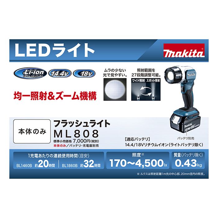 訳あり商品 マキタ 14.4V 18V フラッシュライト ML808 バッテリ 18V BL1860B (充電器別売) 