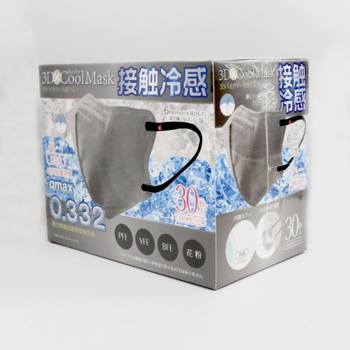 ヒロ・コーポレーション 3Dバイカラー冷感不織布マスク グレー×ブラック 1箱(30枚入) 個包装 普通サイズ 使い捨てマスク
