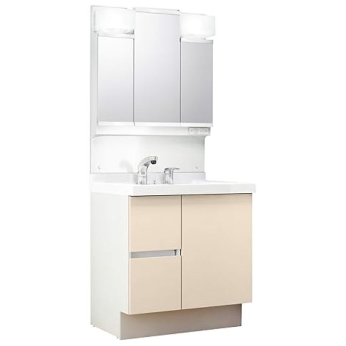 LIXIL J1シリーズ　洗面化粧台セット　3面鏡(くもり止めコート)　間口750mm　片引出　ライトベージュ MD7X4-753TYJU+J1HT1-755S(8)Y/HV2H