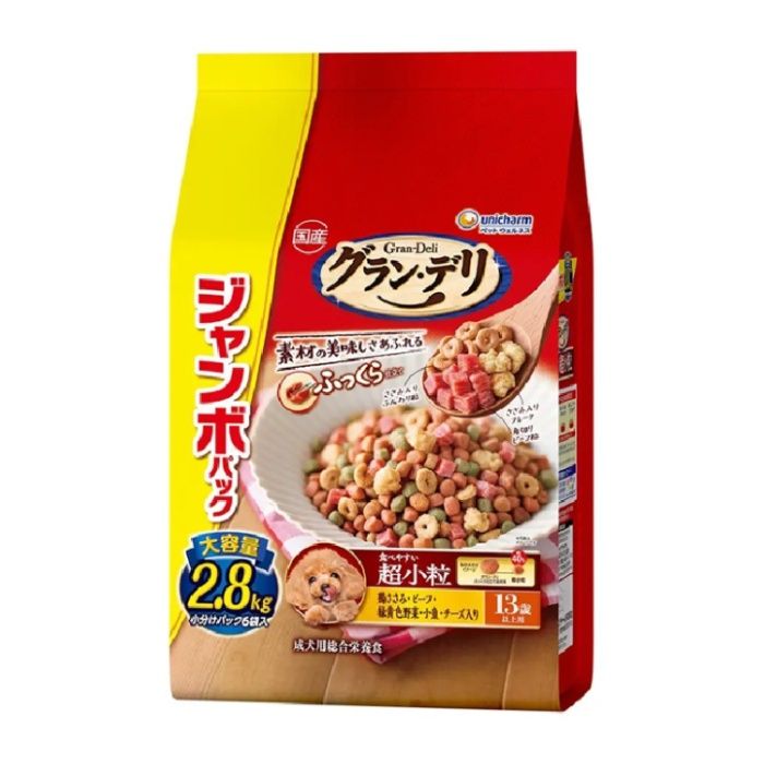 ユニ・チャーム グラン・デリ ふっくら食べやすい超小粒 鶏ささみ・ビーフ・緑黄色野菜・小魚・チーズ入り ジャンボパック 13歳以上用 2.8kg