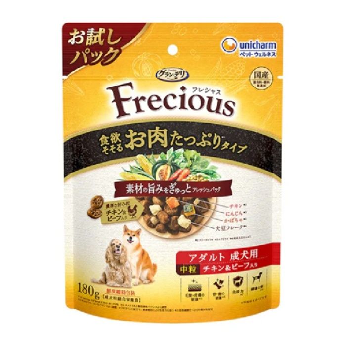 ユニ・チャーム グラン・デリ フレシャス 食欲そそるお肉たっぷりタイプ チキン&ビーフ入り 中粒 成犬用 お試しパック 180g
