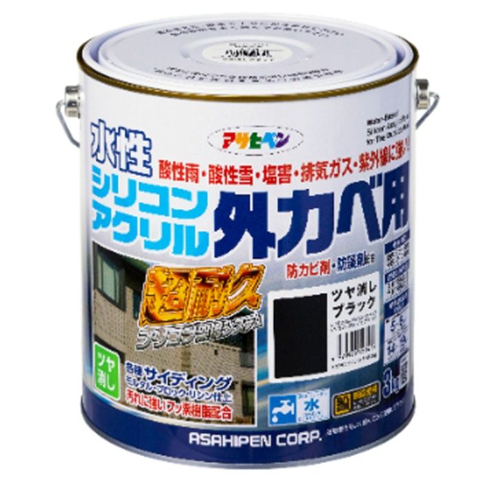 アサヒペン 水性シリコン外かべ用 3KG　ツヤ消しブラック