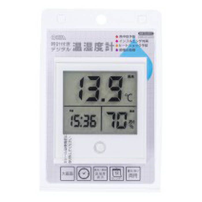 時計付デジタル温湿度計ホワイト TEM-210-W