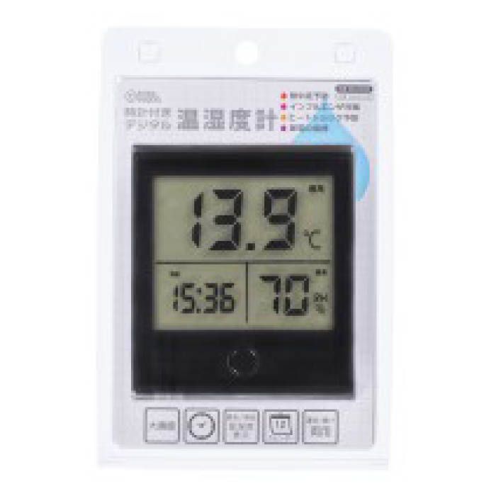 時計付デジタル温湿度計ブラック TEM-210-K