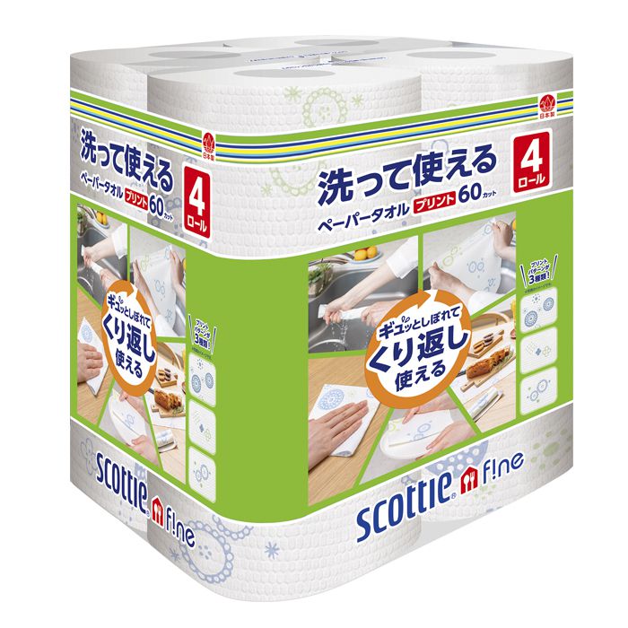 日本製紙クレシア 洗って使えるペーパータオル プリント60カット4ロール