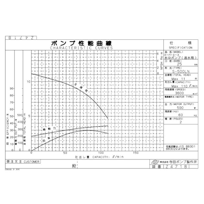 寺田ポンプ製作所 低水用水中ポンプ S-500LN 60HZの説明画像3