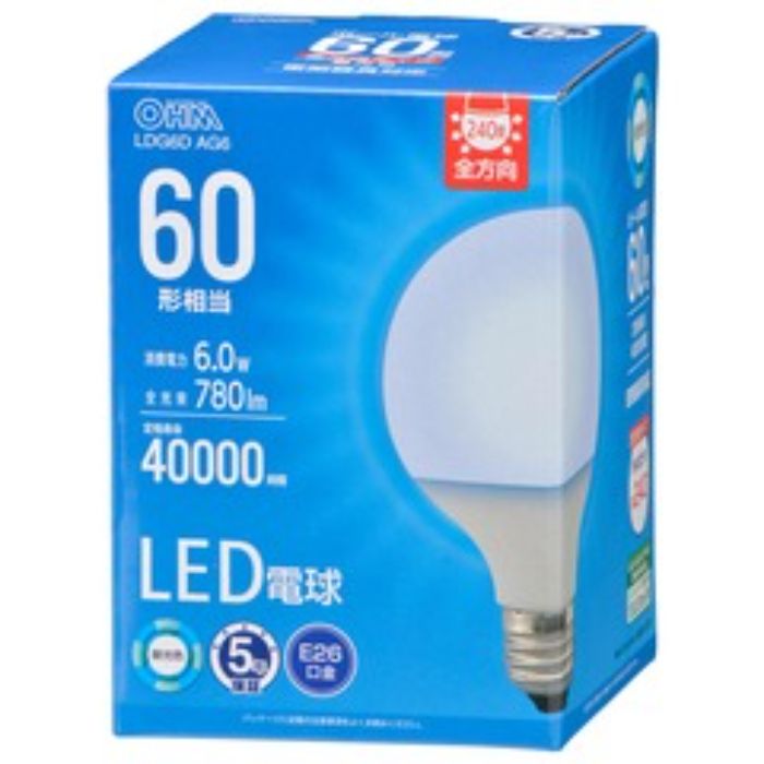 オーム電機 LED電球　G　E26　6W　昼光色　　 LDG6D　AG6