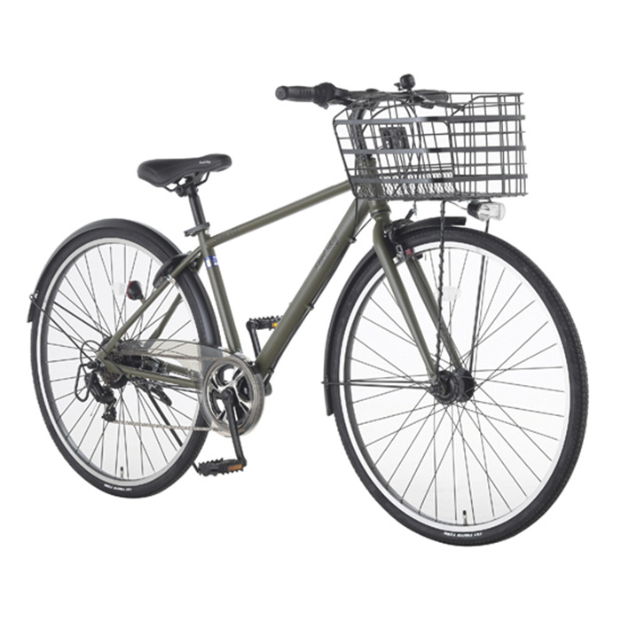 Feel sky パンクしにくいカゴ付クロスバイク27 6段LEDオート マットグリーンの説明画像2