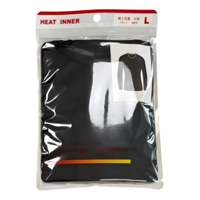 メンズヒート長袖インナー BK L 丸首