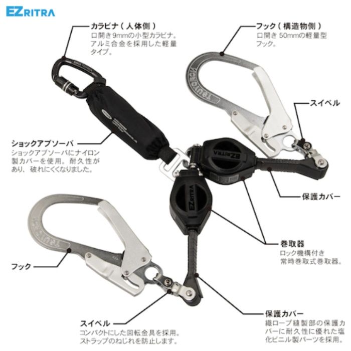 ツインランヤード 巻取式EZリトラ グレー 18MMX1650MMの説明画像2