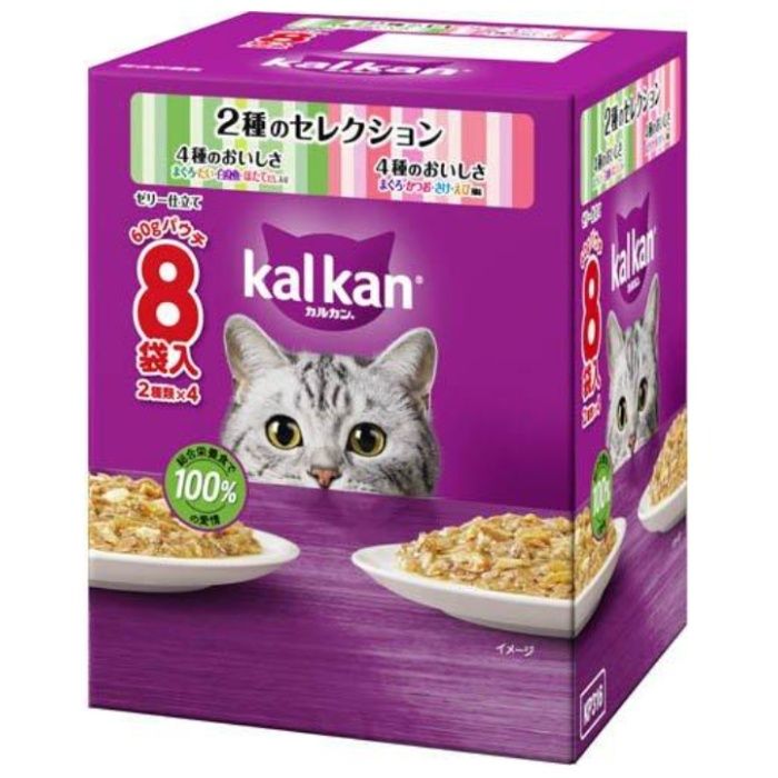 マースジャパン カルカンパウチ2種のセレクション　4種のおいしさ白身魚・ほたてだし　かつお・さけ・えび 60g8袋