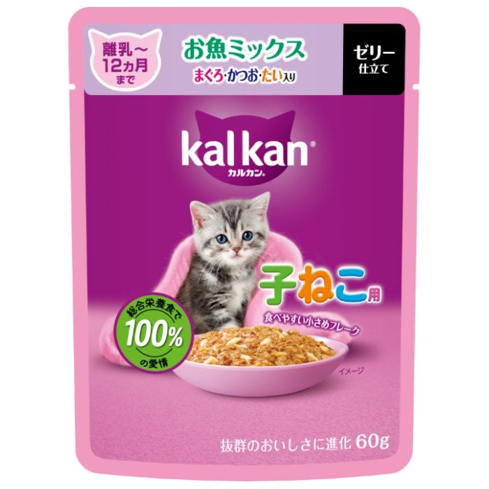 マース カルカンパウチ 12ヵ月までの子ねこ用 お魚ミックス まぐろ・かつお・たい入り 60g