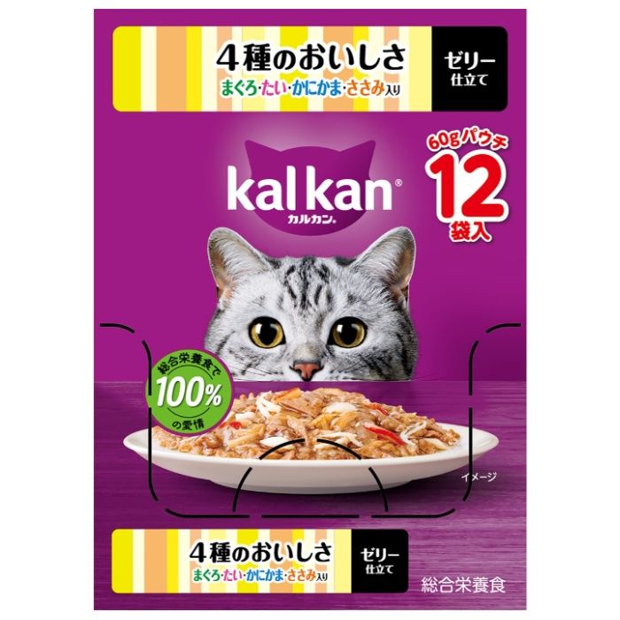 カルカンパウチ 4種のおいしさ まぐろ・たい・かにかま・ささみ入り 60g×12個