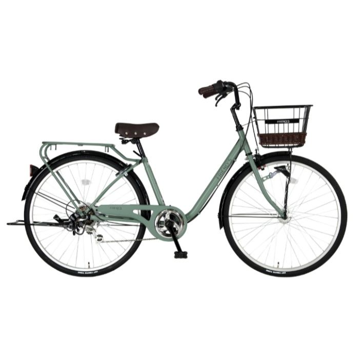 パンクしにくい軽快車フレンズ BAA 26 籐風カゴ 6段 LEDオート マットオリーブ