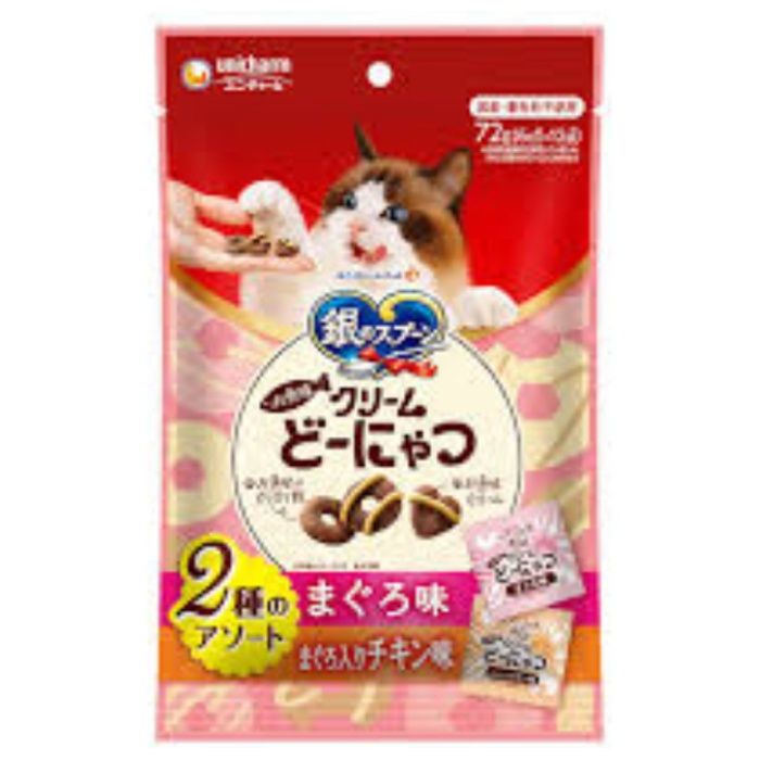 ユニチャーム 銀のスプーンおやつ　お魚味クリームどーにゃつ　毛玉ケアアソート　まぐろ&かつお味 72g