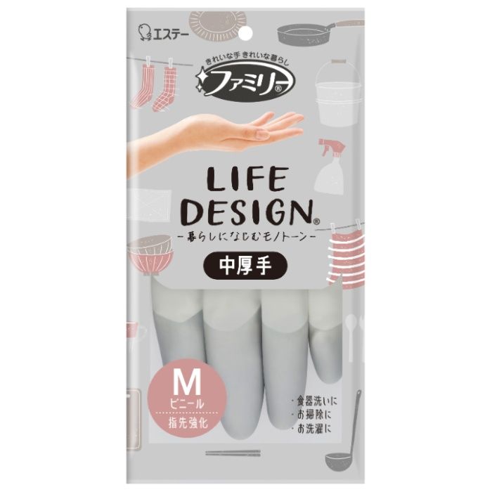 エステー ファミリー ビニール手袋 ライフデザイン 中厚手 M グレー