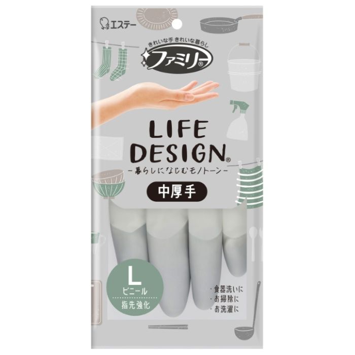 エステー ファミリー ビニール手袋 ライフデザイン 中厚手 L グレー