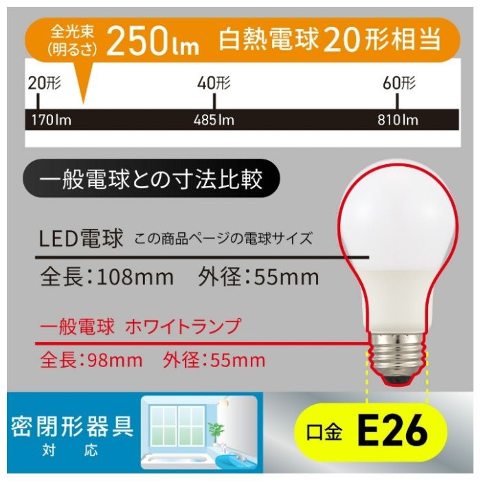 オーム電機 LED電球A E26 20形 電球色 LDA2L-G AG5Nの説明画像5