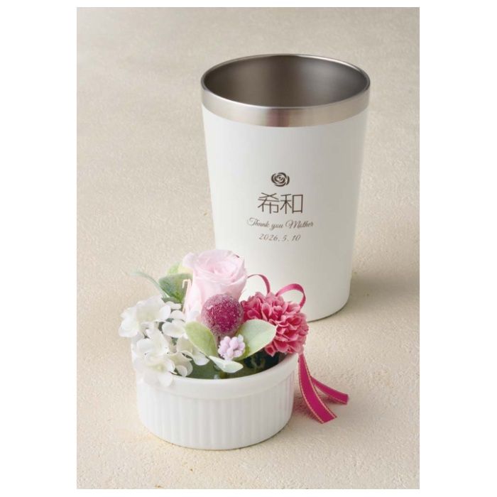 【A40-24C】【母の日】プリザーブドフラワーとホワイトステンレスタンブラー-承り締切:2026年4月30日