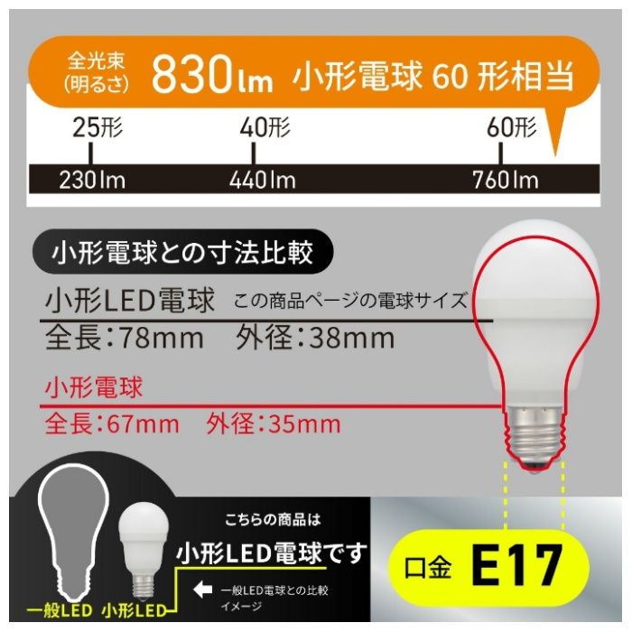 オーム電機 LED PS E17 60形 電球色 LDA6L-G-E17 IS5Nの説明画像6