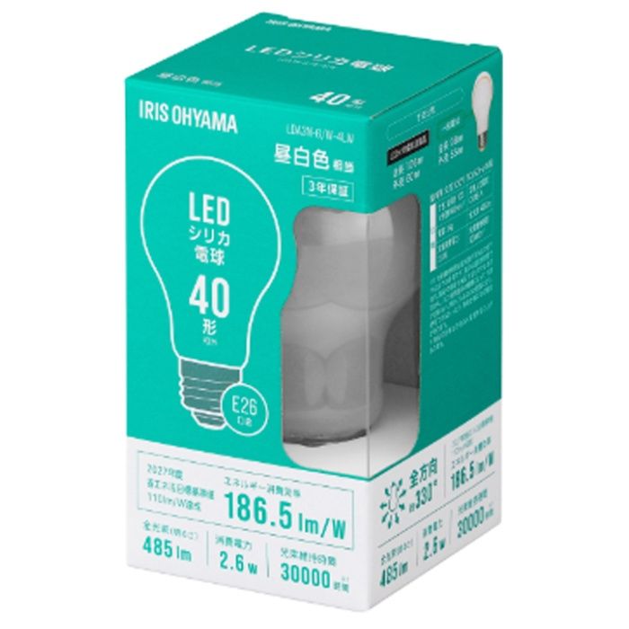 アイリスオーヤマ LEDシリカ電球 E26 全方向 40形相当 昼白色 LDA3N-G/W-4LWの説明画像2