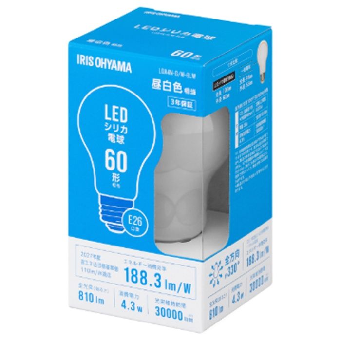 アイリスオーヤマ LEDシリカ電球 E26 全方向 60形相当 昼白色 LDA4N-G/W-6LWの説明画像2