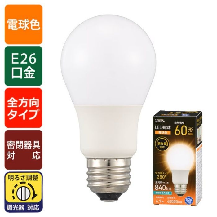 オーム電機 LED電球 E26 60形相当 調光器対応 電球色 LDA7L-G/D AG5の説明画像4
