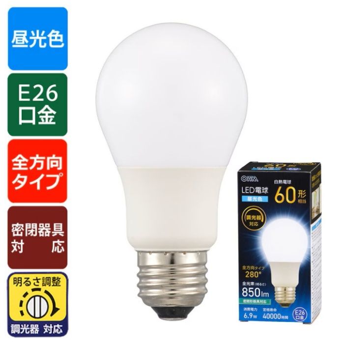 オーム電機 LED電球 E26 60形相当 調光器対応 昼光色 LDA7D-G/D AG5の説明画像4