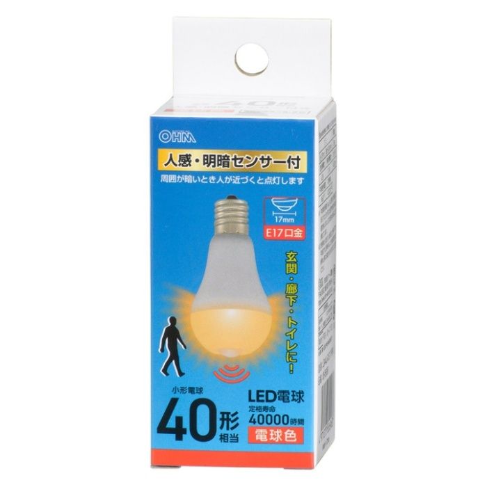 オーム電機 LED電球小形 E17 40形相当 人感明暗センサー付 電球色 LDA4L-G/E17 PIR