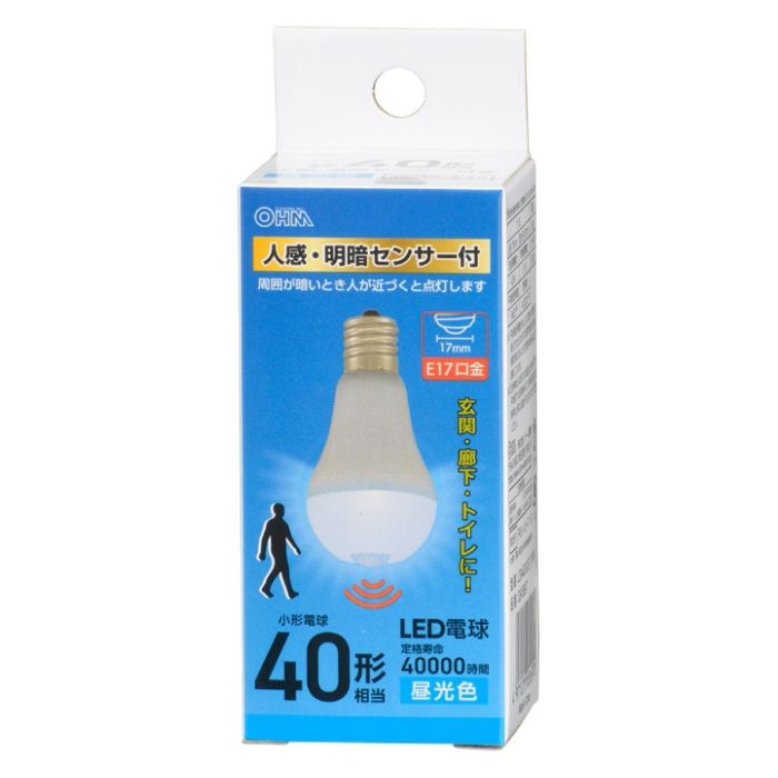 オーム電機 LED電球小形 E17 40形相当 人感明暗センサー付 昼光色 LDA4D-G/E17 PIR