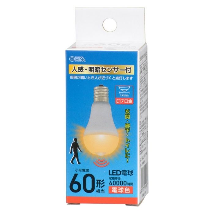 オーム電機 LED電球小形 E17 60形相当 人感明暗センサー付 電球色 LDA7L-G/E17 PIR