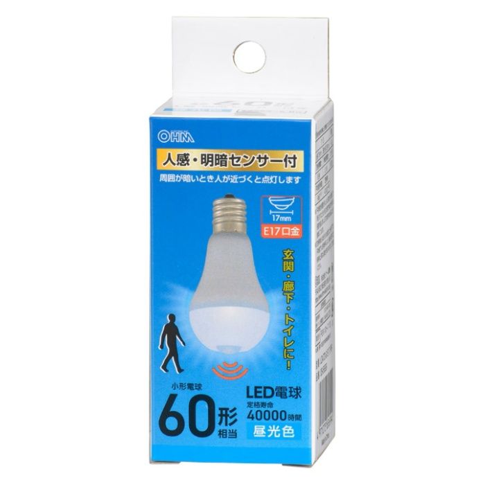 オーム電機 LED電球小形 E17 60形相当 人感明暗センサー付 昼光色 LDA7D-G/E17 PIR