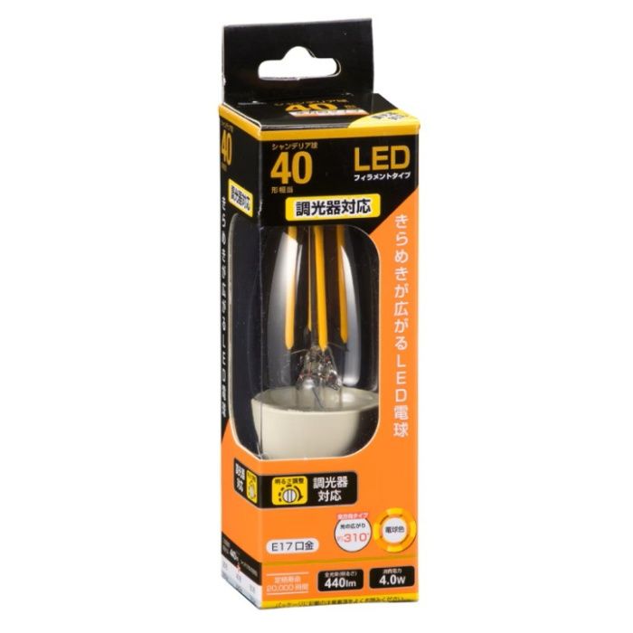 オーム電機 LED電球 フィラメント シャンデリア球 E17 40形 調光器対応 電球色 クリア 全方向 LDC4L-E17/D C6