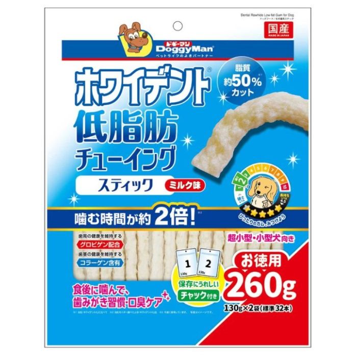 ドギーマン ホワイデント 低脂肪チューイングスティック ミルク味 超小型・小型犬向き 260g