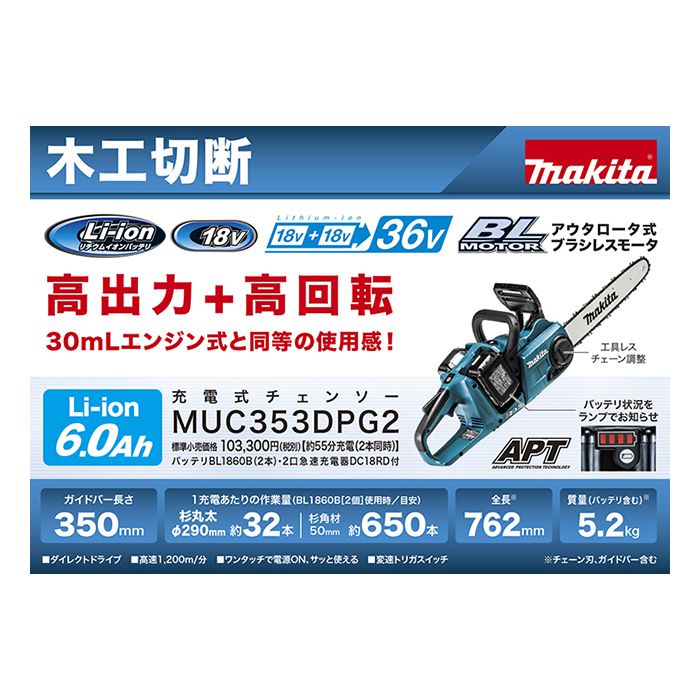 【店舗受取限定価格】 マキタ 36V充電式チェーンソー MUC353DPG2