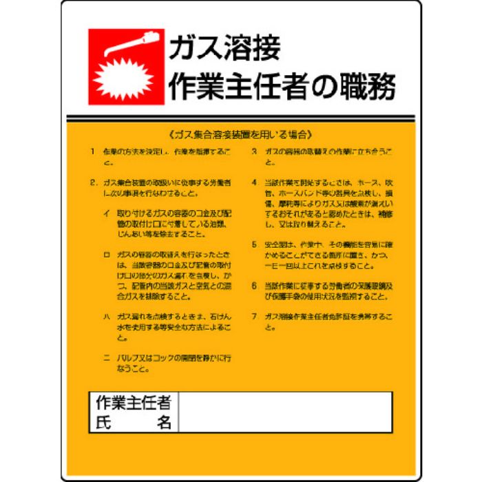 ユニット 作業主任者職務板 ガス溶接・ガス・エコユニボード・600X450(Tcode:4126475)