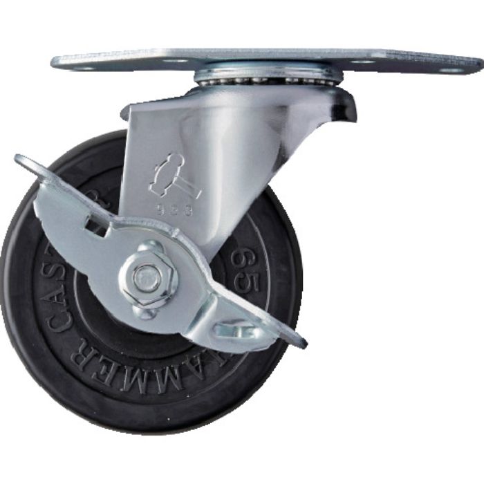 ハンマー プレート式コーナーキャスター 旋回式ゴム車輪 65mm ストッパー付(Tcode:8137100)
