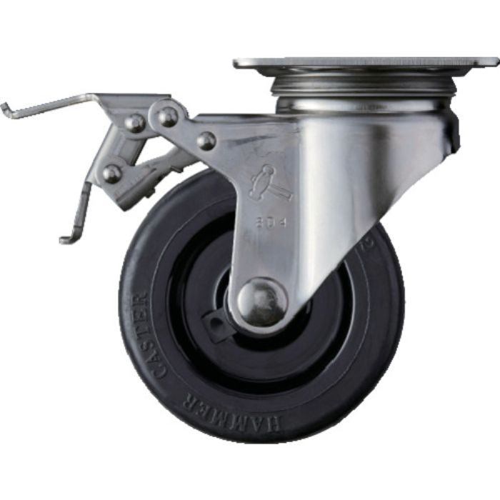 ハンマー Sシリーズオールステンレス 旋回式ゴム車輪(ナイロンホイール)100mm ストッパー付(Tcode:1251376)