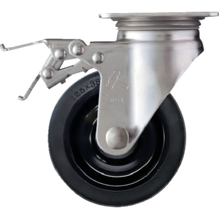 ハンマー Sシリーズオールステンレス 旋回式ゴム車輪(ナイロンホイール)125mm ストッパー付(Tcode:1251384)
