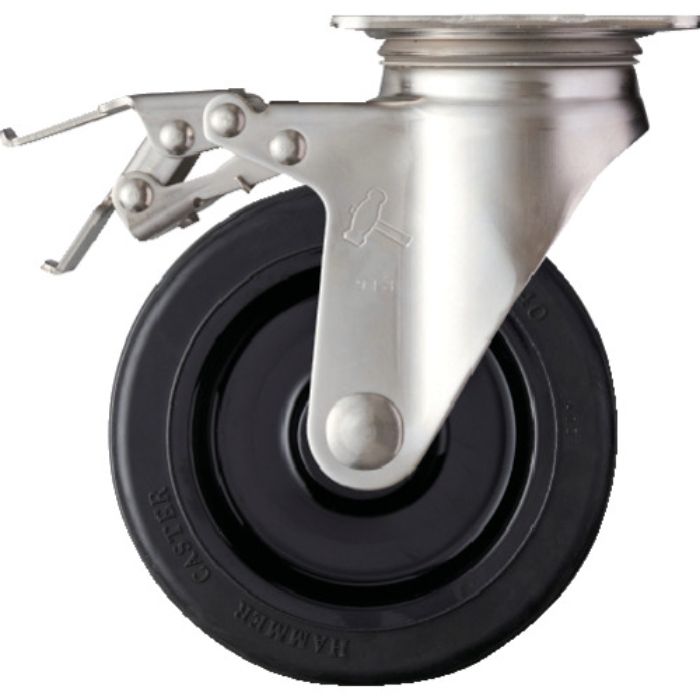 ハンマー Sシリーズオールステンレス 旋回式ゴム車輪(ナイロンホイール)150mm ストッパー付(Tcode:1251392)