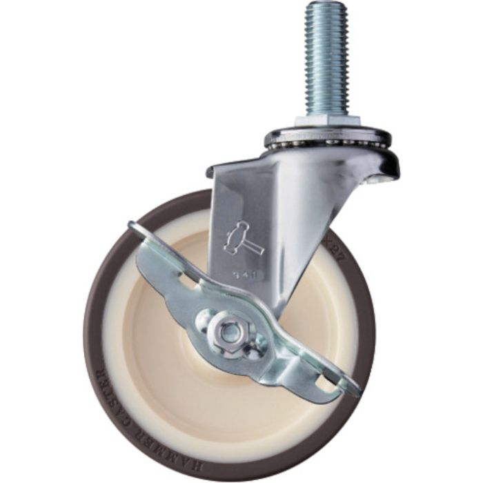 ハンマー ねじ込み旋回式ウレタン車輪(ナイロンホイール・ベアリング)100mm ストッパー付(Tcode:8142381)