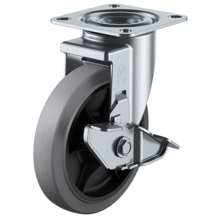 ユーエイ　プレート式　自在　キャスター　グレーゴム　車輪径125mm　ストッパー付き　Jタイプ　RJ2-S型　取付寸法80×80(75×75)